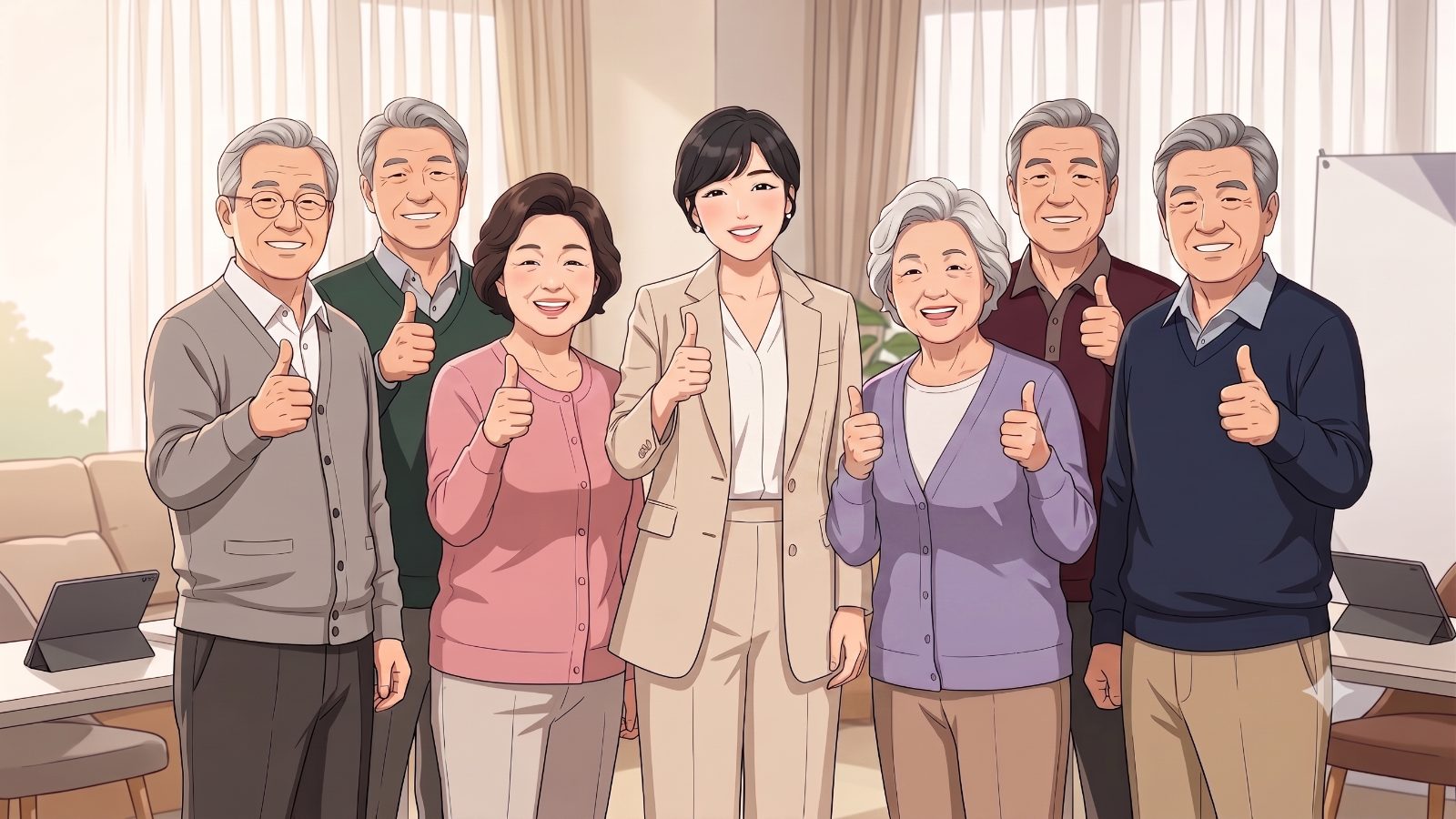 강의실에서 화면을 띄워놓고 설명하는 수업 장면을 옮긴 수채화